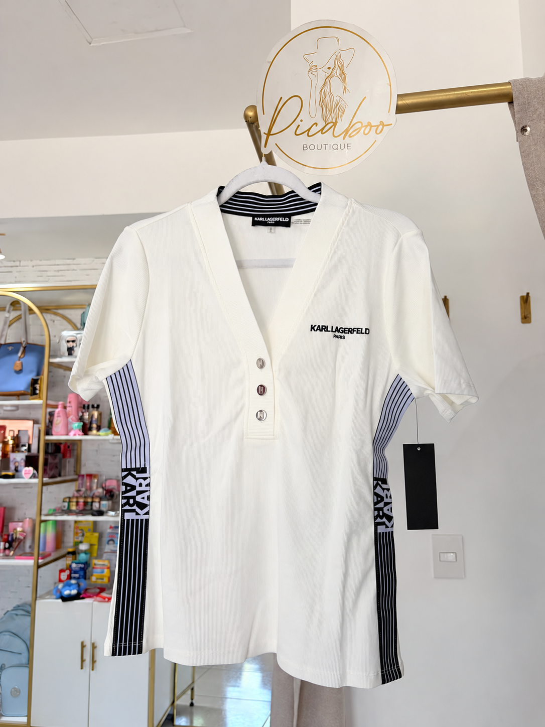Blusa Karl Lagerfeld blanca con botones y paneles a rayas