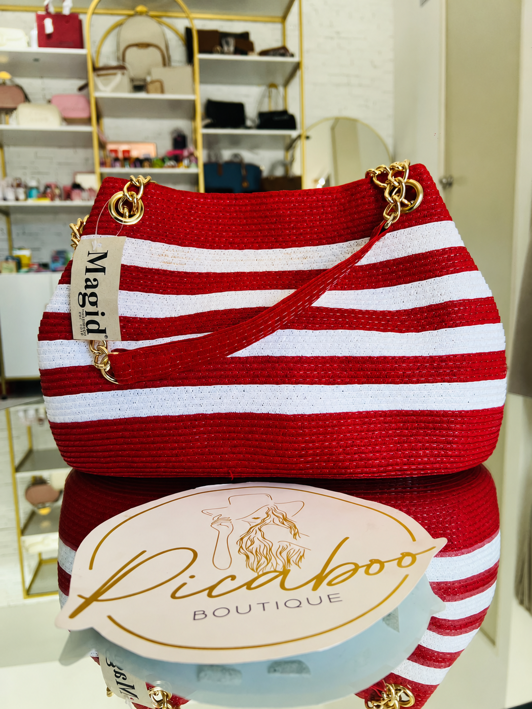 Bolsa Magid tejida a rayas rojas y blancas