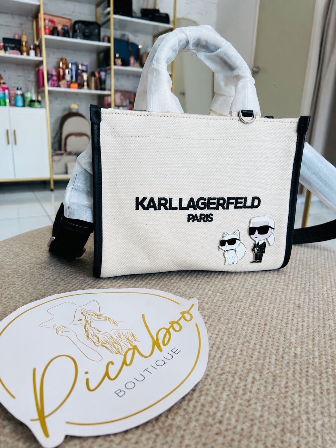 Bolsa tote Karl Lagerfeld de lona beige con Karl y Choupette