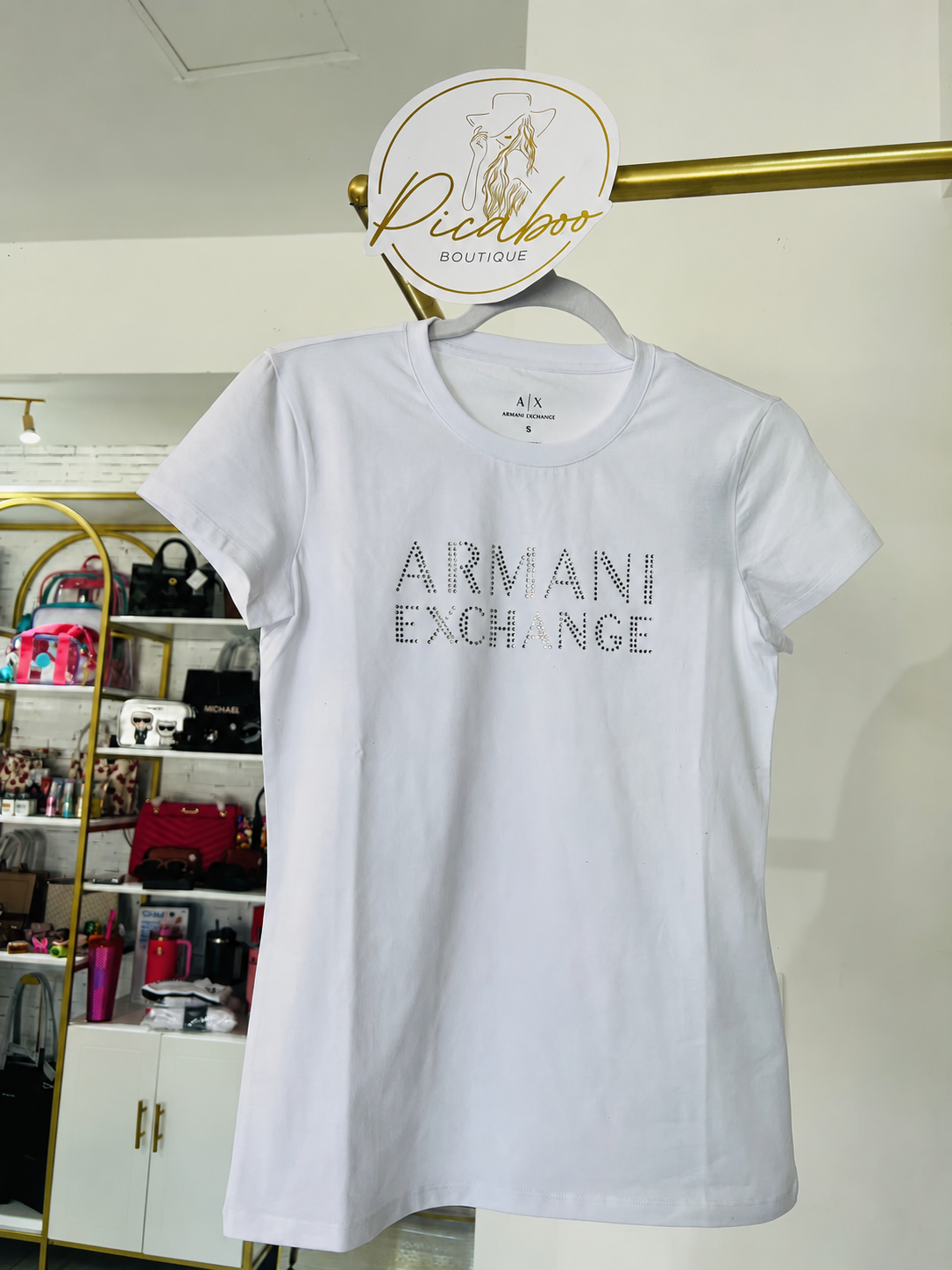 Playera Armani Exchange blanca con aplicaciones brillantes