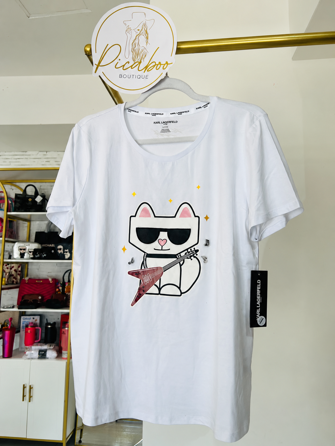 Playera Karl Lagerfeld blanca con Choupette y guitarra talla L