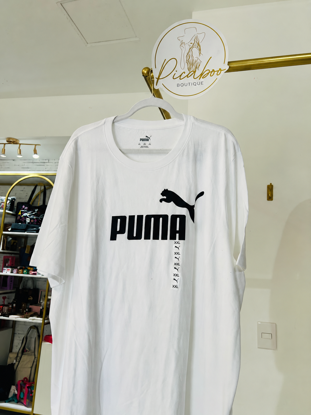 Playera Puma blanca con logotipo negro, talla XXL