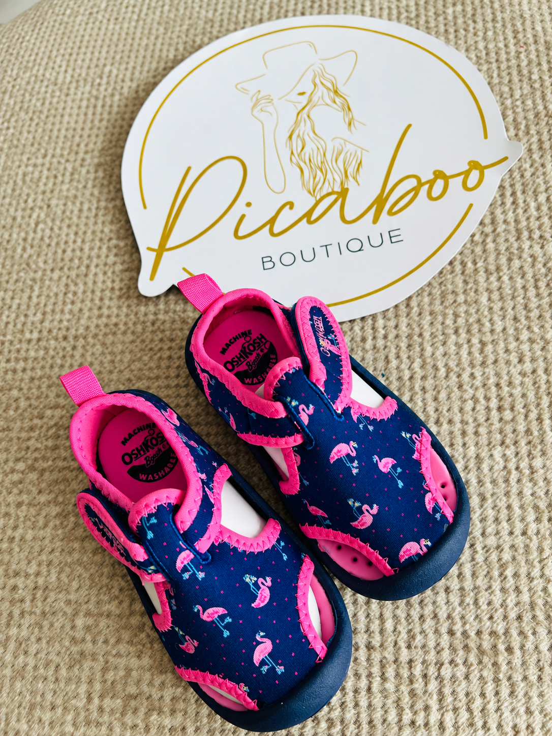 Sandalias OshKosh azul marino y rosa con flamencos — Número 12