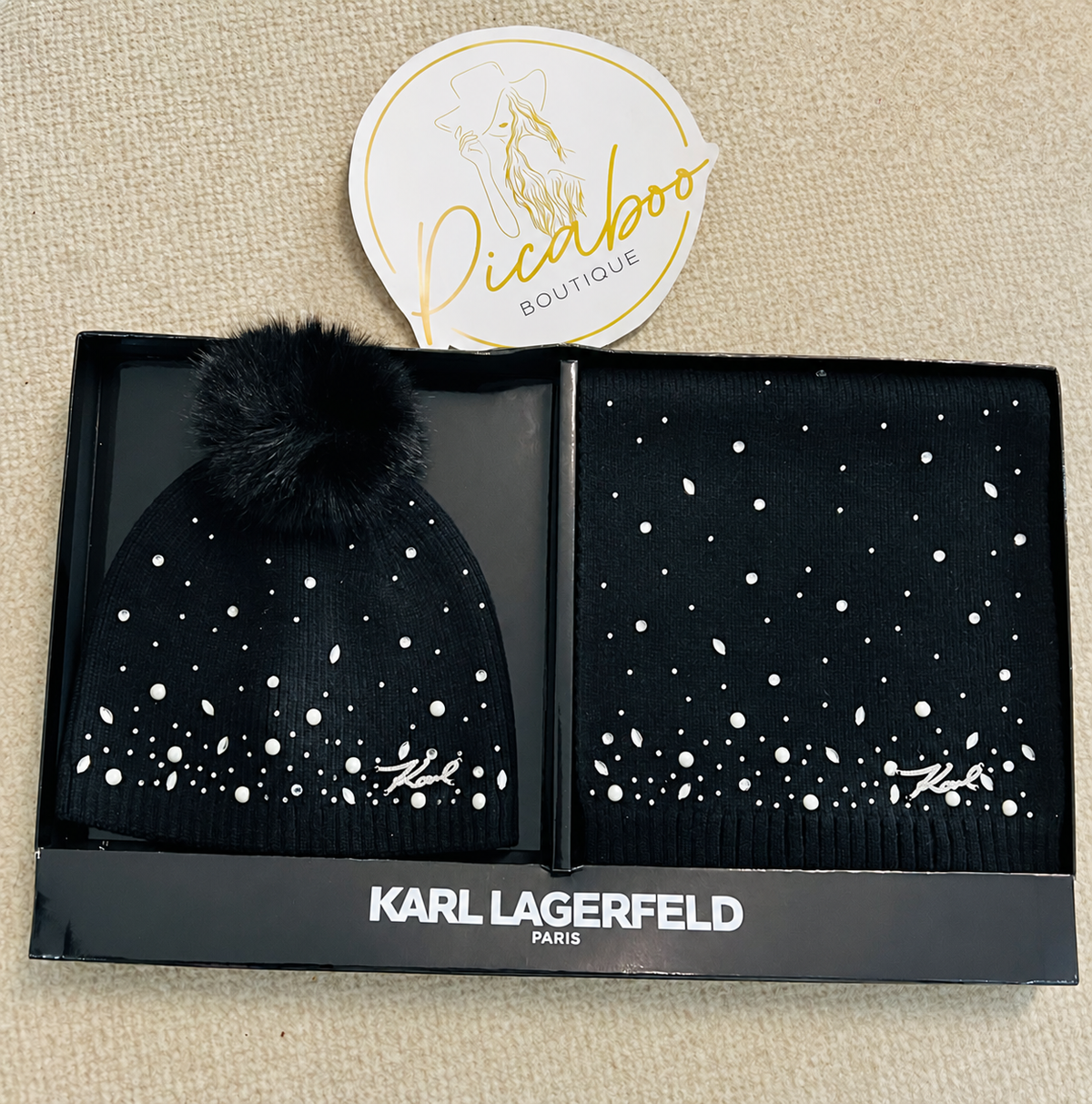 Set Karl Lagerfeld negro de gorro y bufanda con brillantes